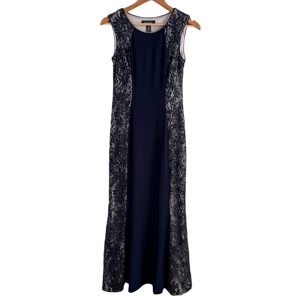 R&M‎ Richards Navy Sequin and Lace Sleeveless Formal Evening Gown Maxi Dress, 4P